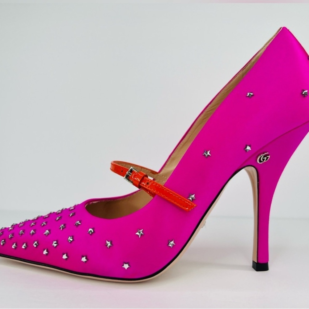 Gucci Jodie Pink Fuchsia Star crystal embellished Heels with Tangerine Strap - Picture 7 of 14